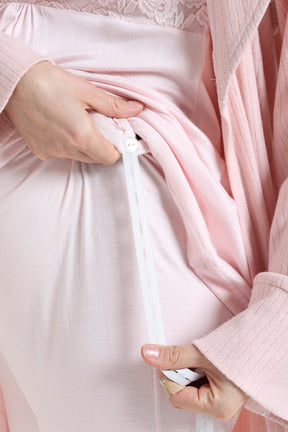 Lacy Panel 3-Piece Maternity-Nursing Pajama & Ribbed Camisole Robe Set Pink - 1036