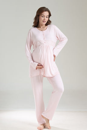 Lacy Panel 3-Piece Maternity-Nursing Pajama & Ribbed Camisole Robe Set Pink - 1036
