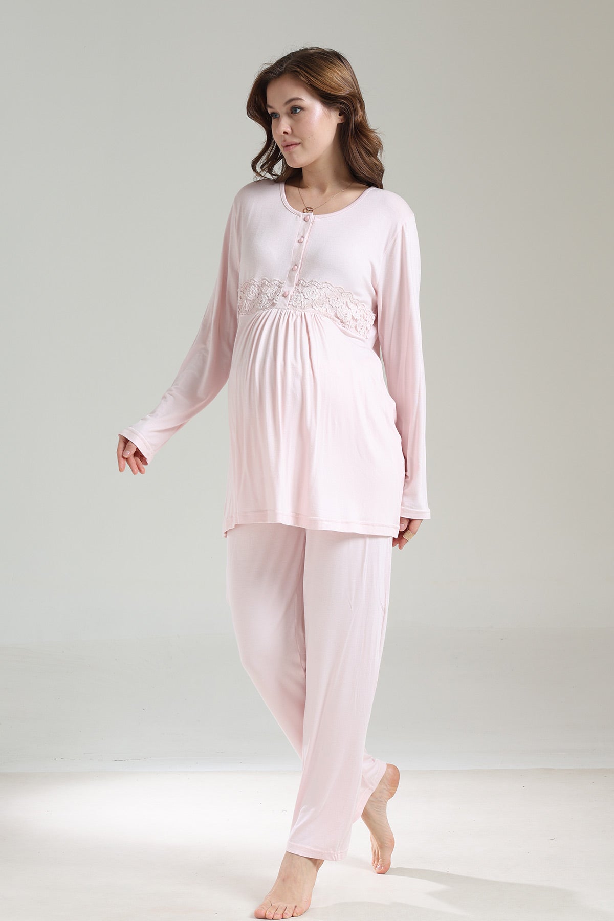 Lacy Panel 3-Piece Maternity-Nursing Pajama & Ribbed Camisole Robe Set Pink - 1036
