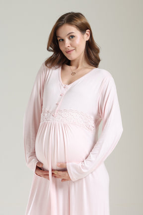 Lacy Panel Maternity-Nursing Nightgown & Ribbed Camisole Robe Set Pink - 1037