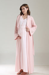 Lacy Panel Maternity-Nursing Nightgown & Ribbed Camisole Robe Set Pink - 1037