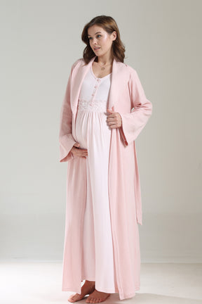Lacy Panel Maternity-Nursing Nightgown & Ribbed Camisole Robe Set Pink - 1037