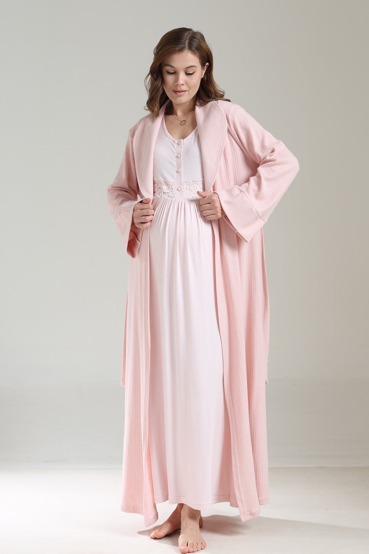 Lacy Panel Maternity-Nursing Nightgown & Ribbed Camisole Robe Set Pink - 1037