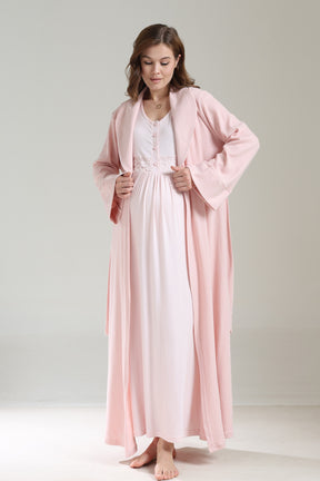 Lacy Panel Maternity-Nursing Nightgown & Ribbed Camisole Robe Set Pink - 1037