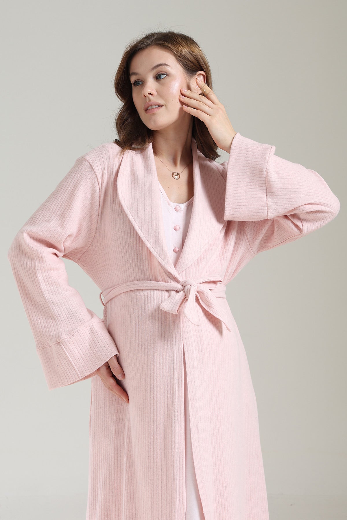 Lacy Panel Maternity-Nursing Nightgown & Ribbed Camisole Robe Set Pink - 1037