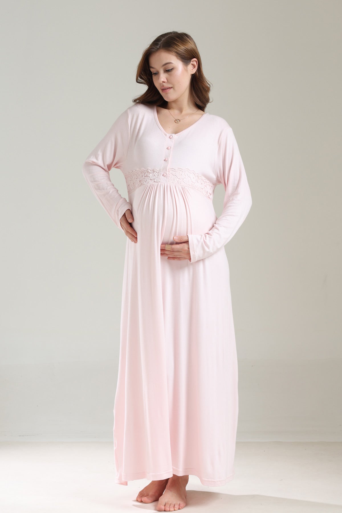 Lacy Panel Maternity-Nursing Nightgown & Ribbed Camisole Robe Set Pink - 1037