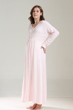 Lacy Panel Maternity-Nursing Nightgown & Ribbed Camisole Robe Set Pink - 1037