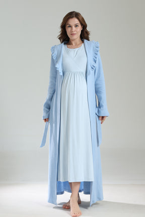 Double Breasted Maternity-Nursing Nightgown & Frilly Camisole Robe Set Blue - 1038