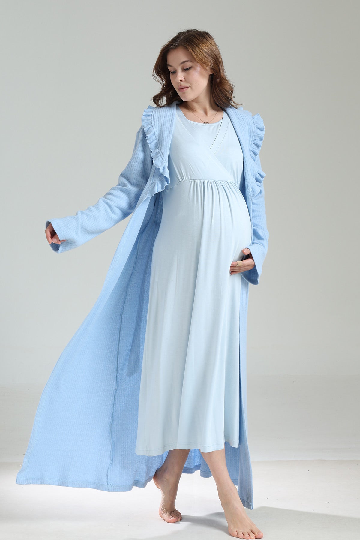 Double Breasted Maternity-Nursing Nightgown & Frilly Camisole Robe Set Blue - 1038
