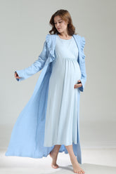 Double Breasted Maternity-Nursing Nightgown & Frilly Camisole Robe Set Blue - 1038