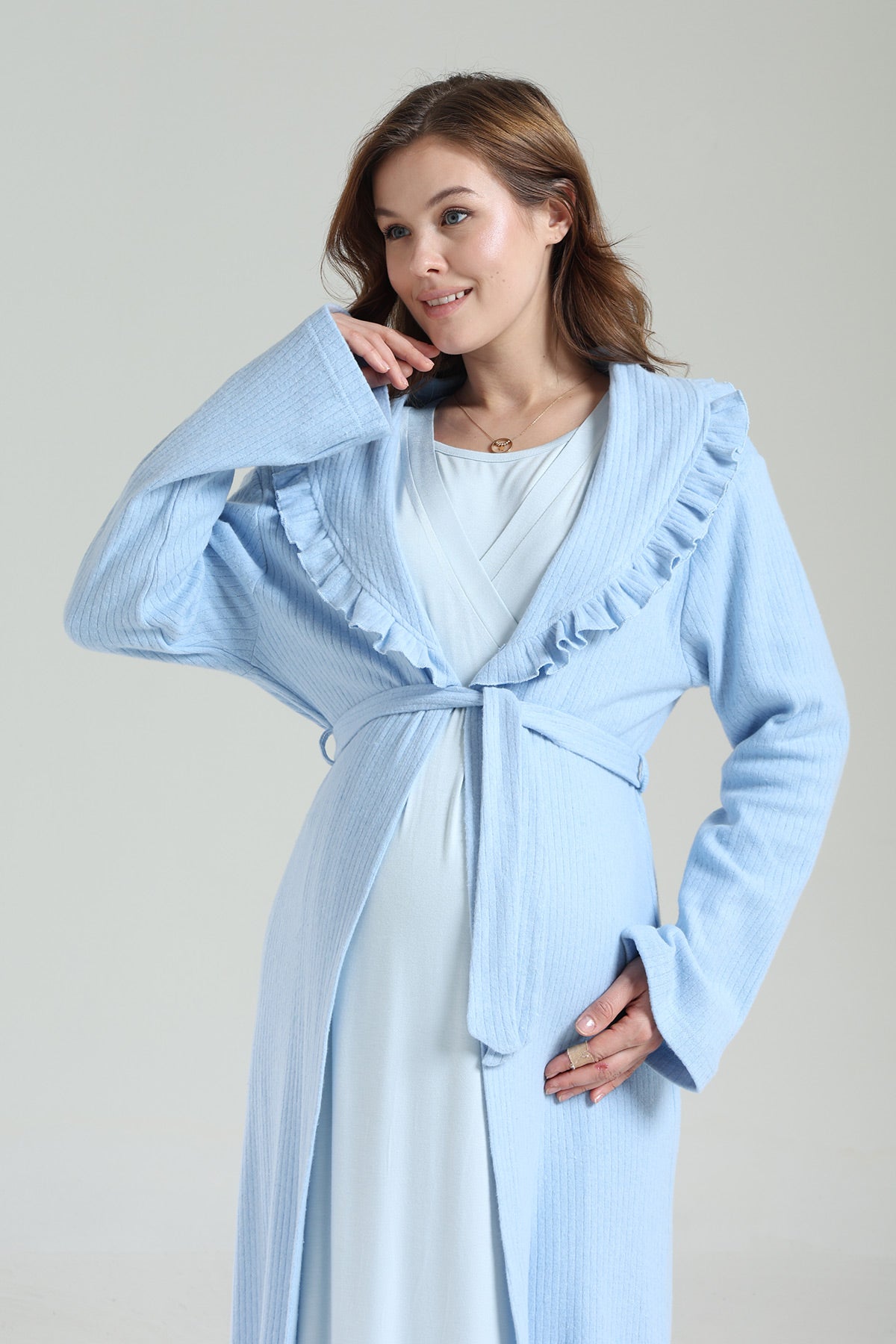 Double Breasted Maternity-Nursing Nightgown & Frilly Camisole Robe Set Blue - 1038