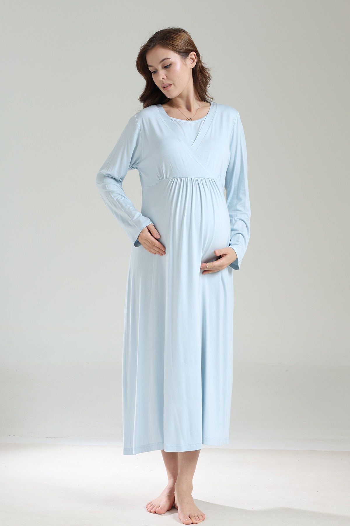 Double Breasted Maternity-Nursing Nightgown & Frilly Camisole Robe Set Blue - 1038