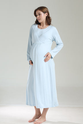 Double Breasted Maternity-Nursing Nightgown & Frilly Camisole Robe Set Blue - 1038