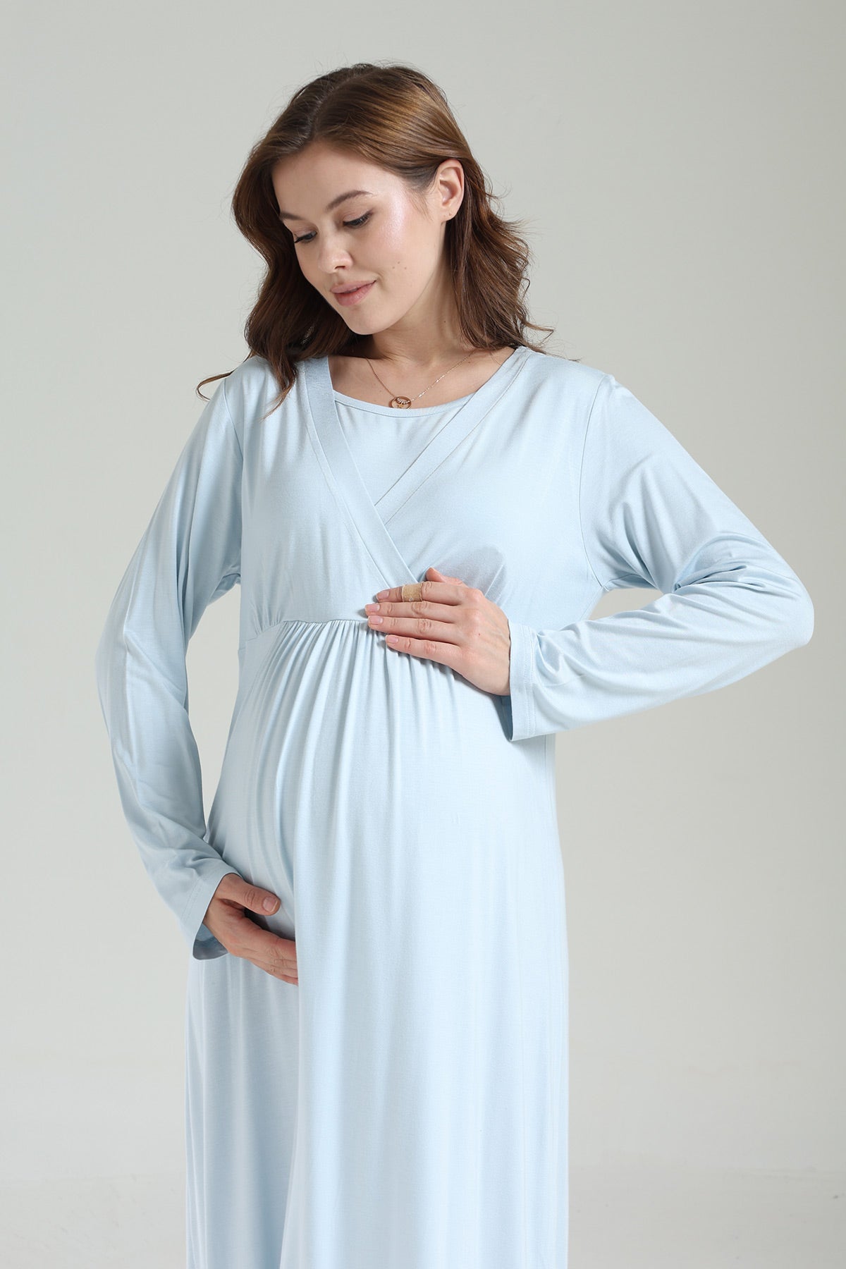 Double Breasted Maternity-Nursing Nightgown & Frilly Camisole Robe Set Blue - 1038