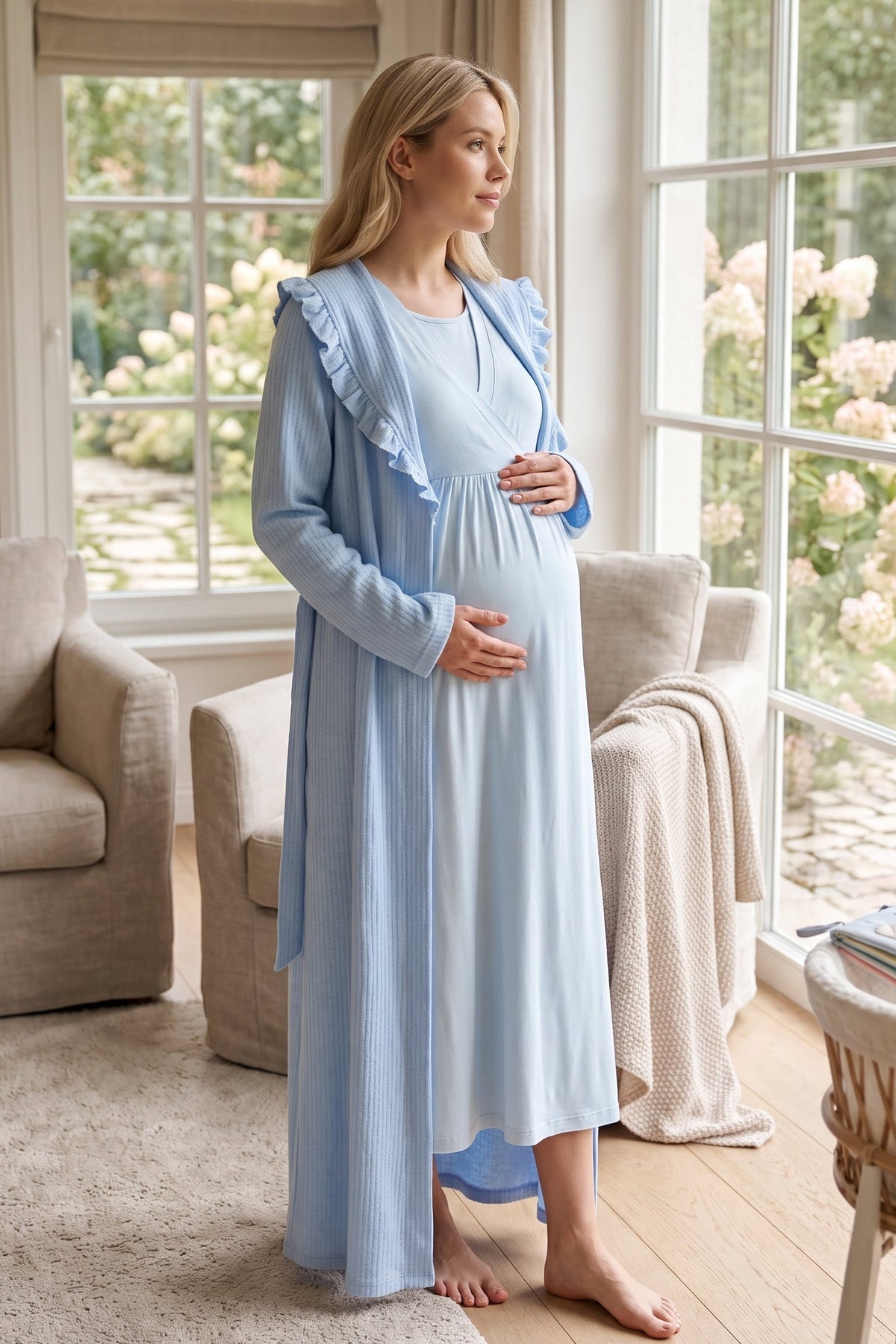 Wrap Maternity Feeding-Friendly Nightgown & Frilly Camisole Robe Set Blue - L1038