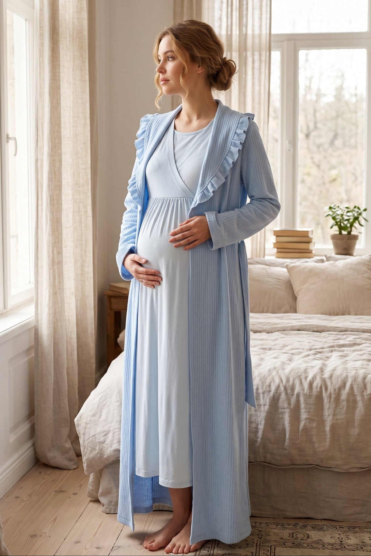 Wrap Maternity Feeding-Friendly Nightgown & Frilly Camisole Robe Set Blue - L1038