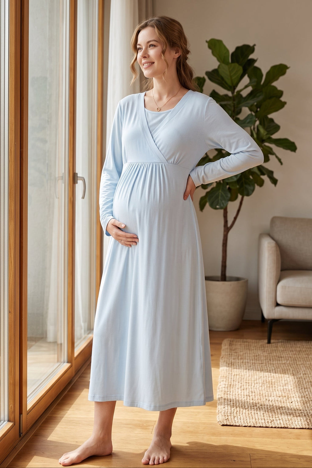 Wrap Maternity Feeding-Friendly Nightgown & Frilly Camisole Robe Set Blue - L1038