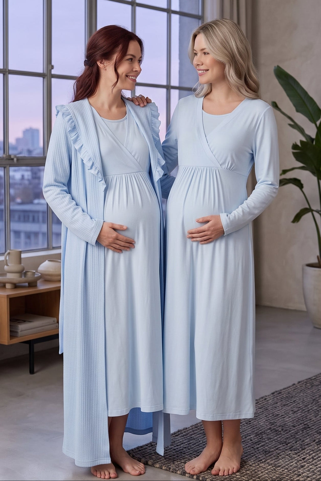 Wrap Maternity Feeding-Friendly Nightgown & Frilly Camisole Robe Set Blue - L1038