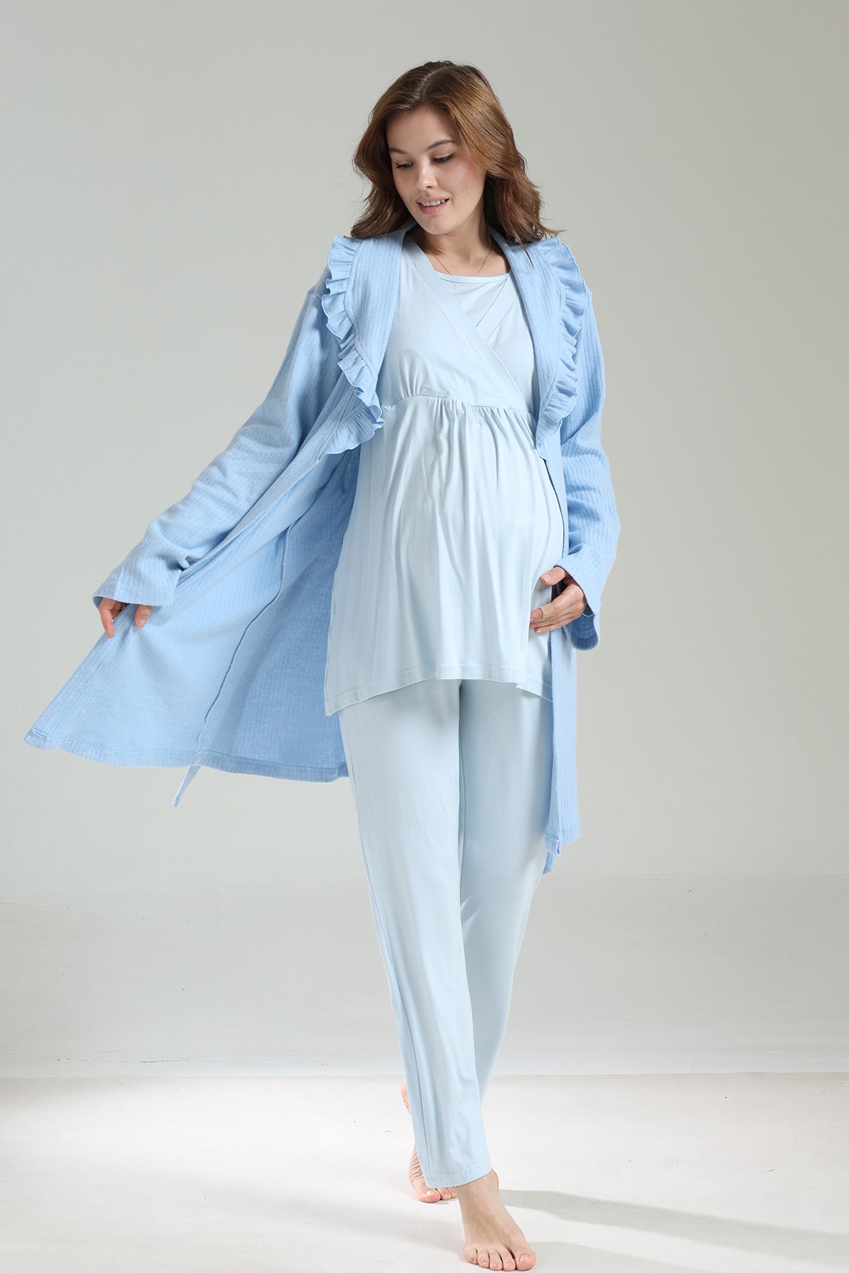 Double Breasted 3-Piece Maternity-Nursing Pajama & Frilly Camisole Robe Set Blue - 1039