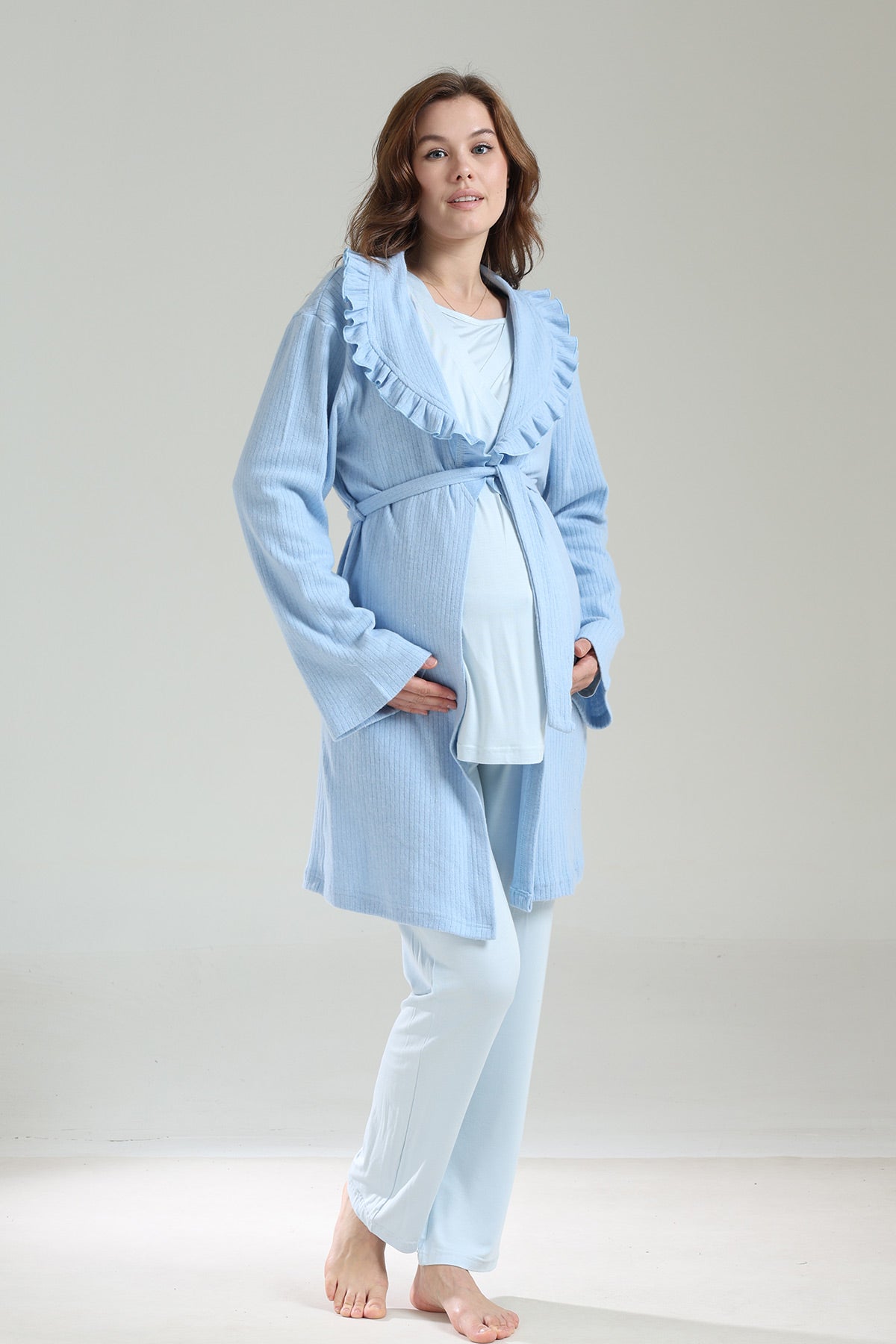 Double Breasted 3-Piece Maternity-Nursing Pajama & Frilly Camisole Robe Set Blue - 1039
