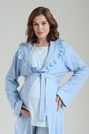 Double Breasted 3-Piece Maternity-Nursing Pajama & Frilly Camisole Robe Set Blue - 1039