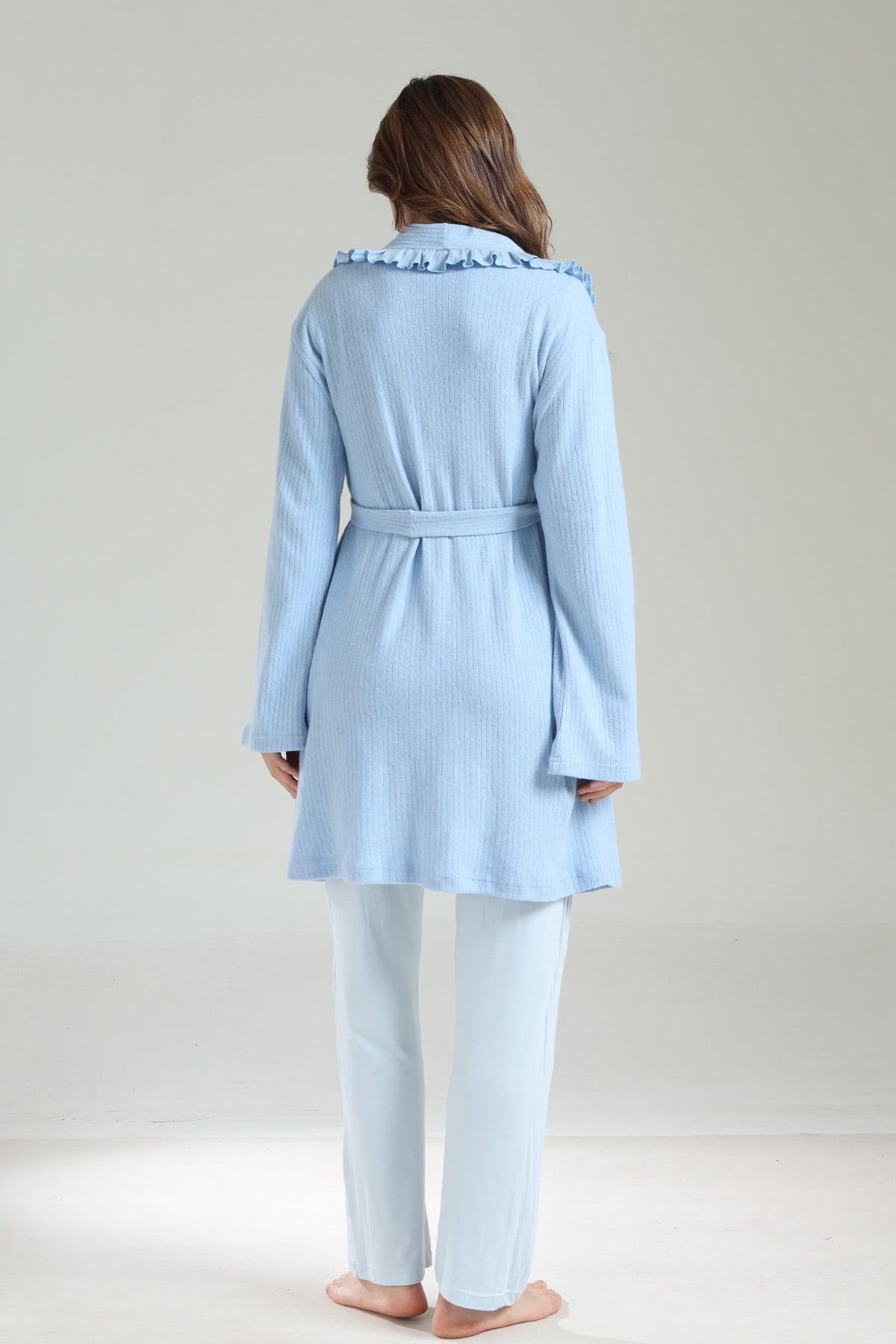 Double Breasted 3-Piece Maternity-Nursing Pajama & Frilly Camisole Robe Set Blue - 1039