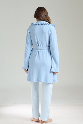 Double Breasted 3-Piece Maternity-Nursing Pajama & Frilly Camisole Robe Set Blue - 1039