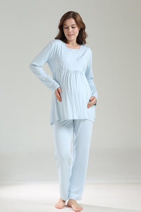 Double Breasted 3-Piece Maternity-Nursing Pajama & Frilly Camisole Robe Set Blue - 1039