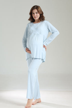 Double Breasted 3-Piece Maternity-Nursing Pajama & Frilly Camisole Robe Set Blue - 1039