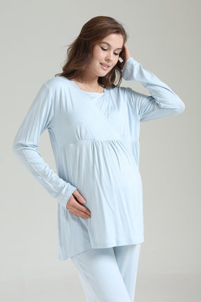 Double Breasted 3-Piece Maternity-Nursing Pajama & Frilly Camisole Robe Set Blue - 1039