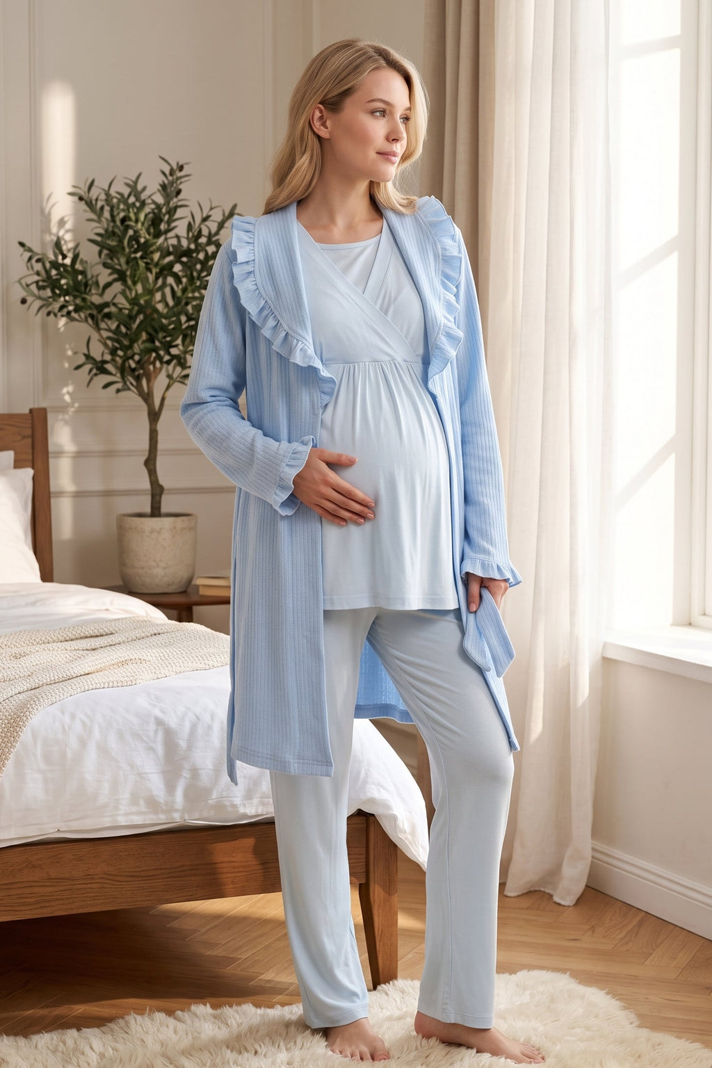 Wrap 3-Piece Maternity Feeding-Friendly Pajama & Frilly Camisole Robe Set Blue - L1039