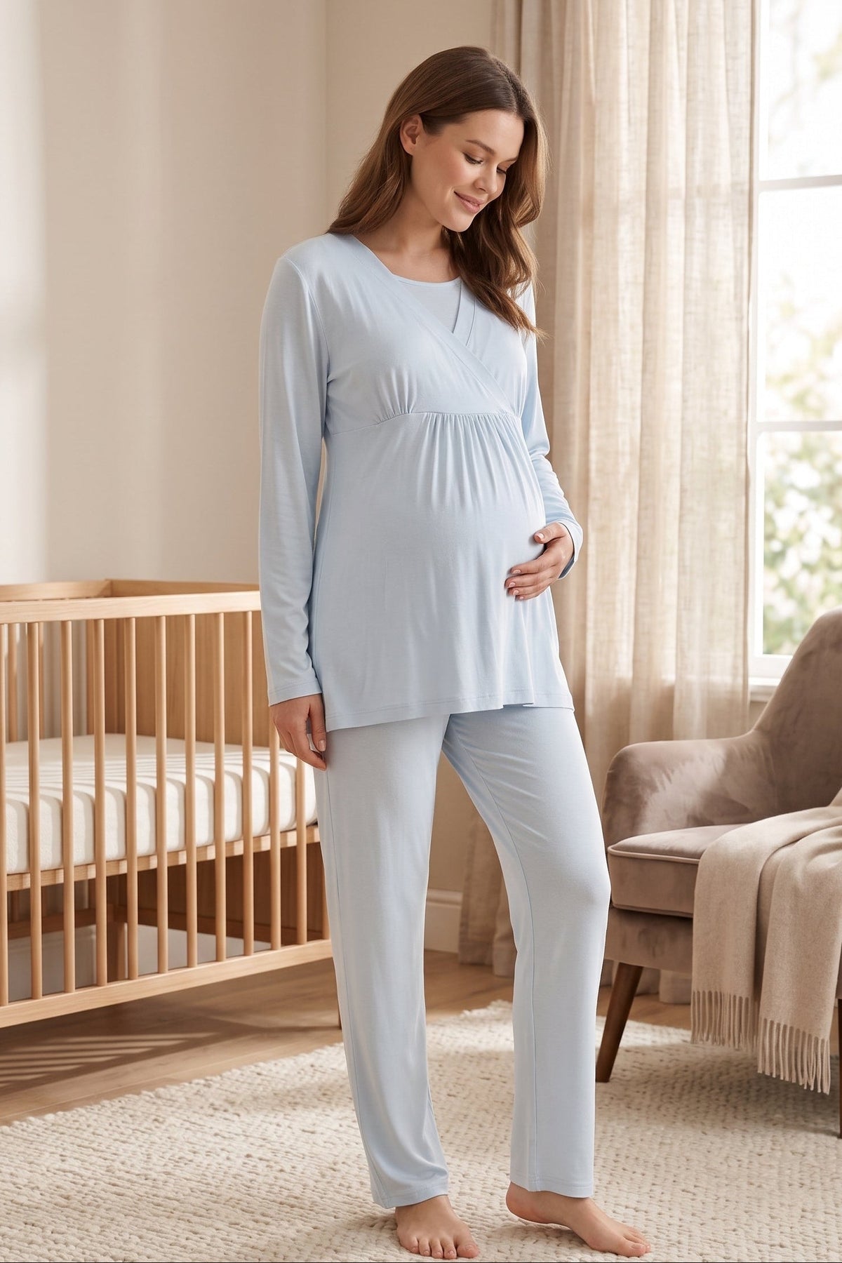Wrap 3-Piece Maternity Feeding-Friendly Pajama & Frilly Camisole Robe Set Blue - L1039