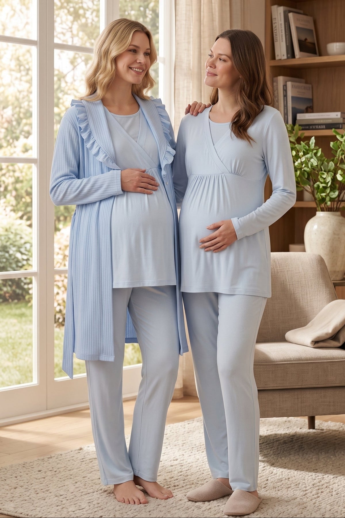 Wrap 3-Piece Maternity Feeding-Friendly Pajama & Frilly Camisole Robe Set Blue - L1039