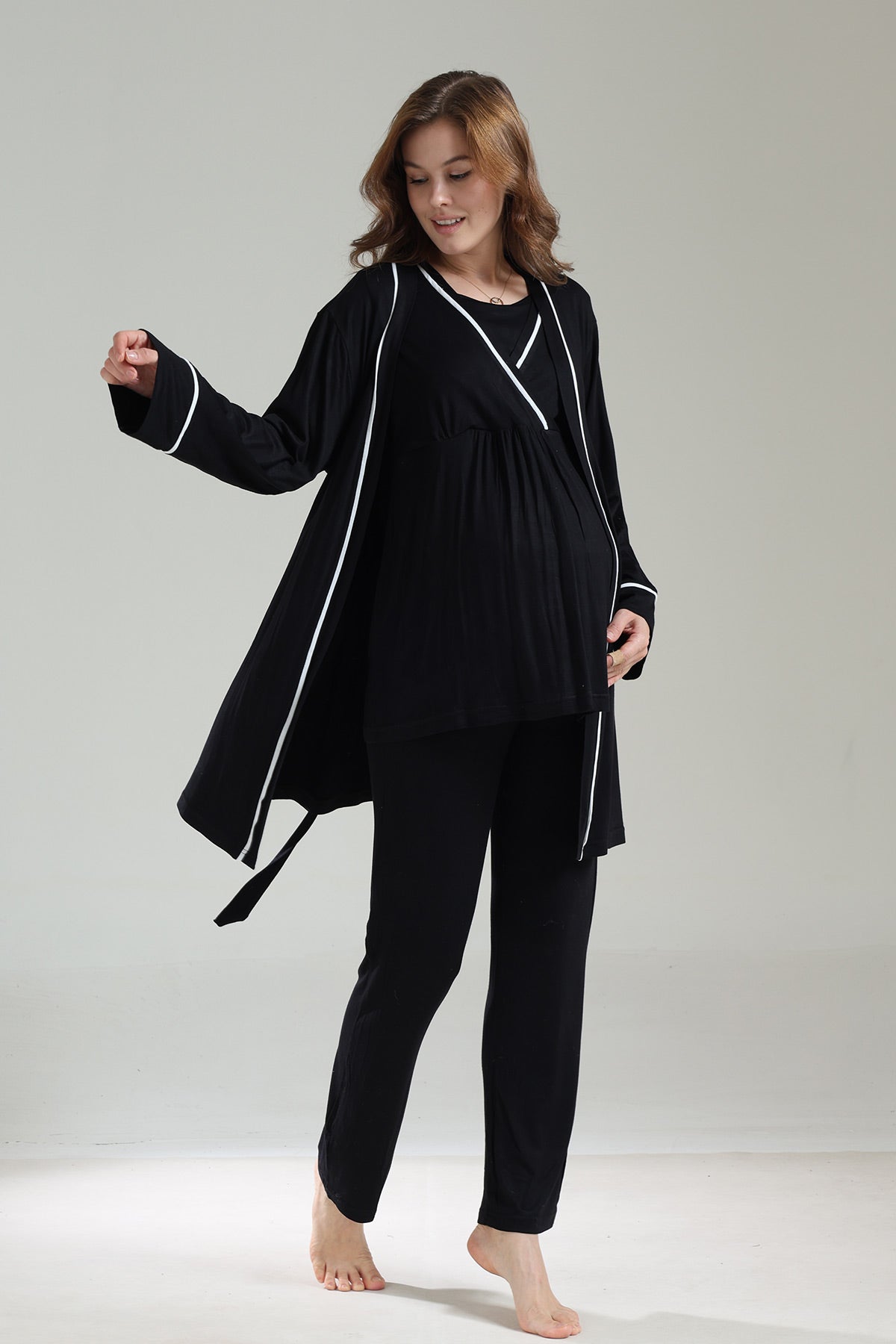 Striped Double Breasted 3-Piece Maternity-Nursing Pajama & Robe Set Black - 1040