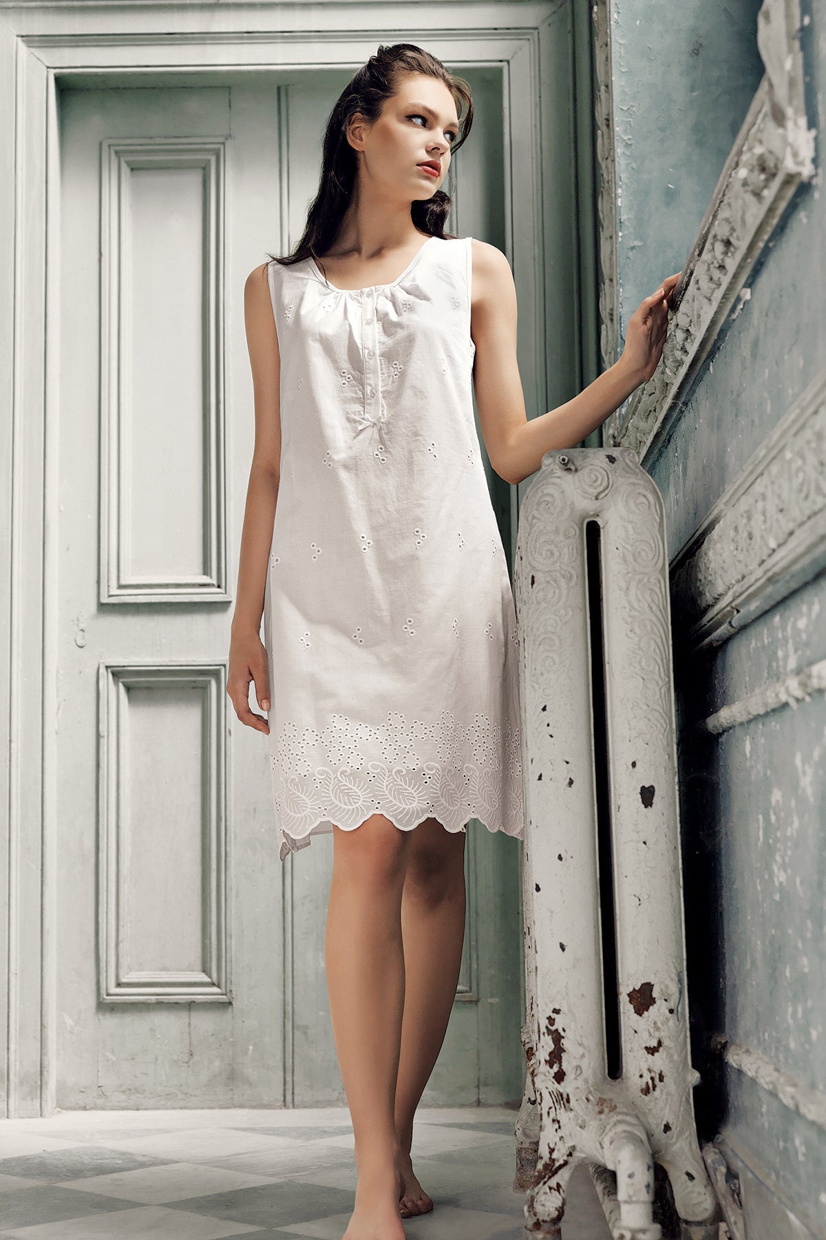 Cotton Weaving Maternity Feeding-Friendly Nightgown & Robe Set Ecru - S10402