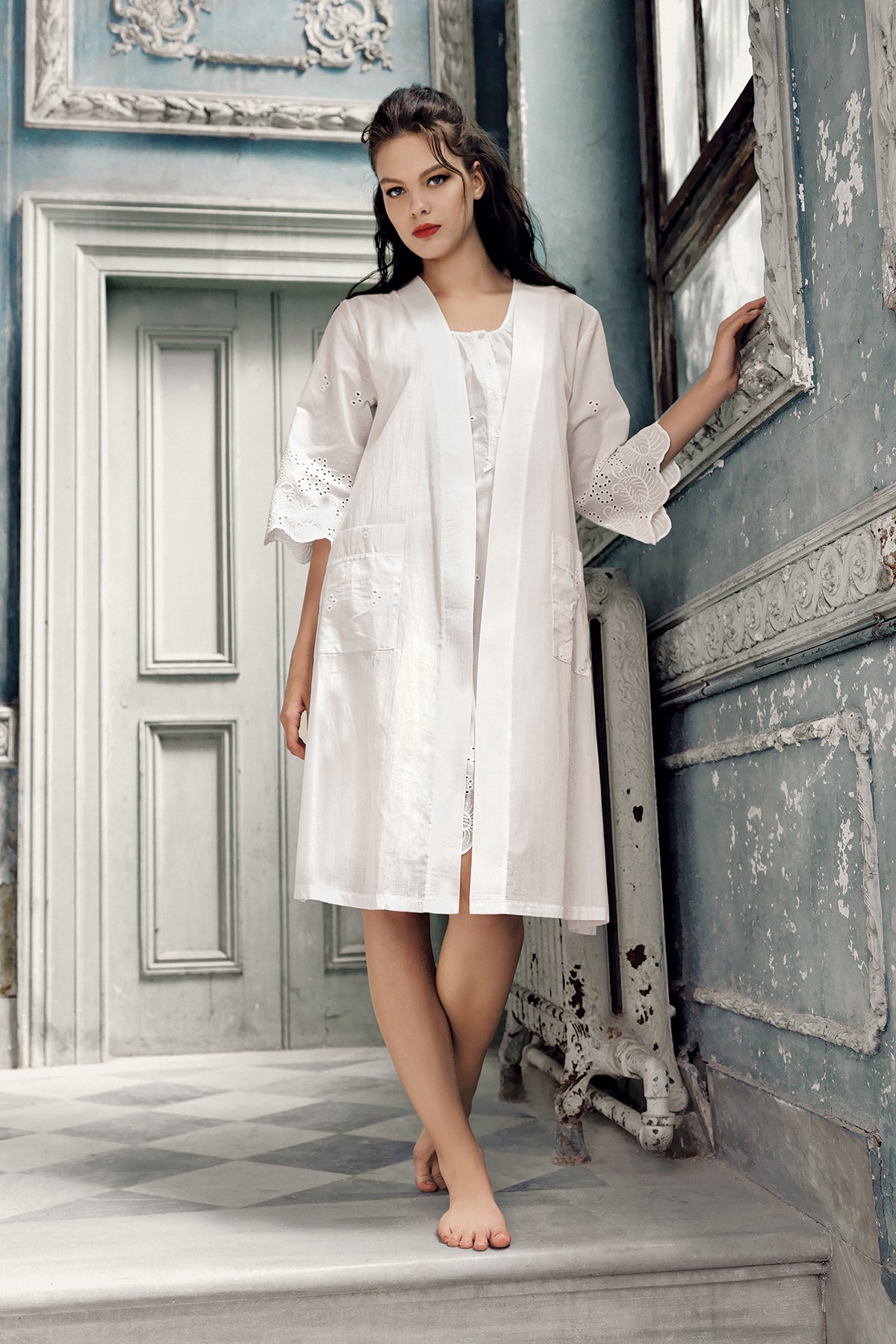 Cotton Weaving Maternity Feeding-Friendly Nightgown & Robe Set Ecru - S10402
