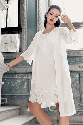 Cotton Weaving Maternity-Nursing Nightgown & Robe Set Ecru - 10402
