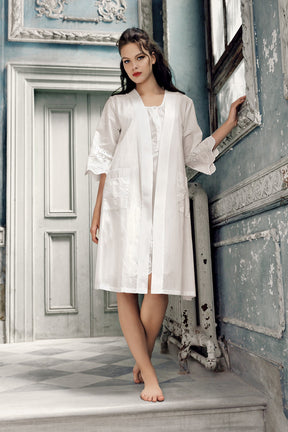 Cotton Weaving Maternity-Nursing Nightgown & Robe Set Ecru - 10402