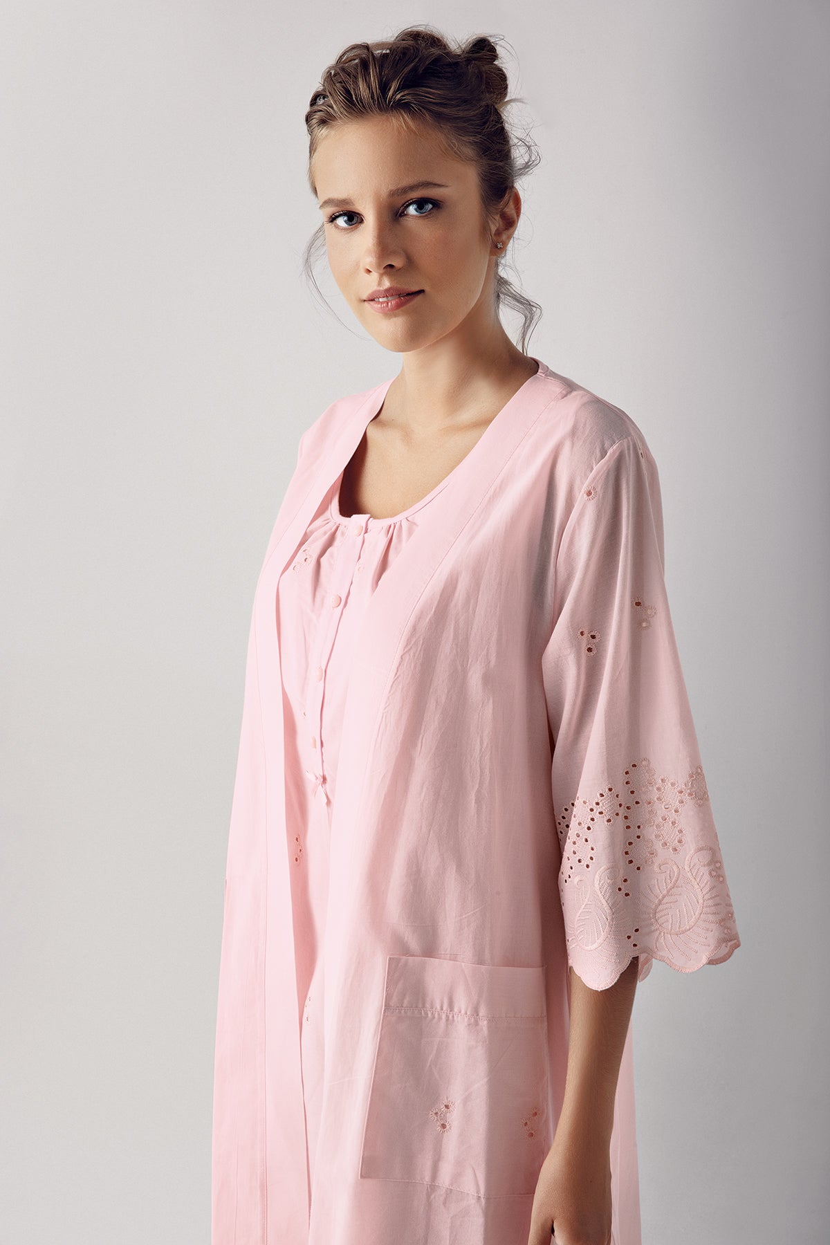 Cotton Weaving Maternity Feeding-Friendly Nightgown & Robe Set Powder - S10402