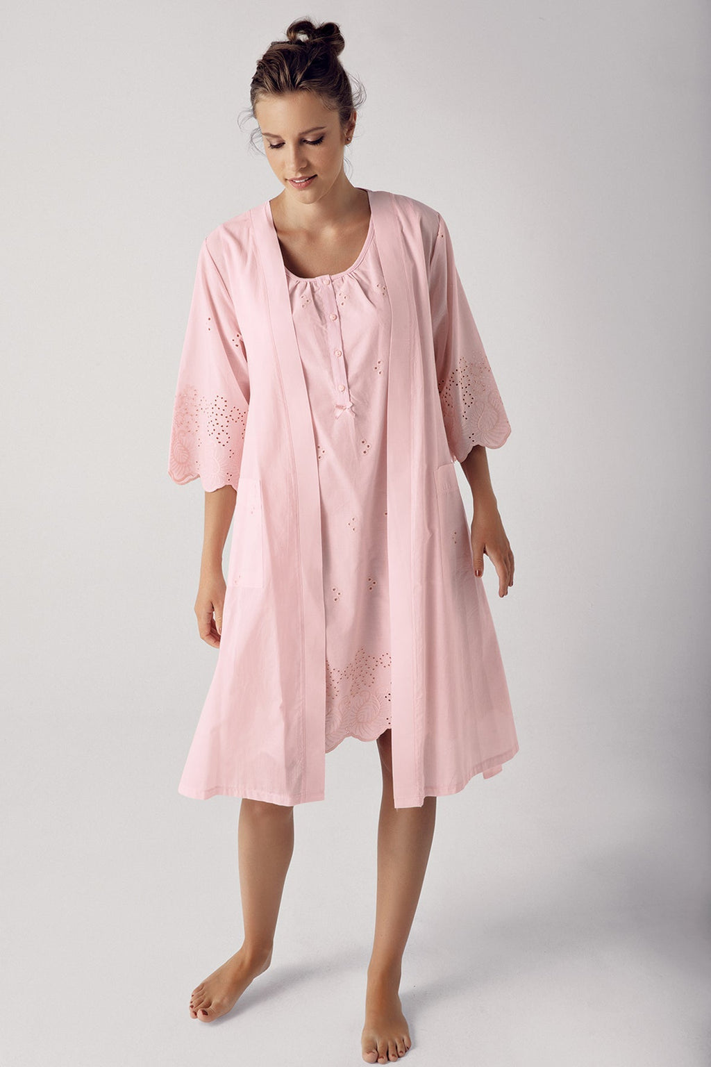 Cotton Weaving Maternity Feeding-Friendly Nightgown & Robe Set Powder - S10402
