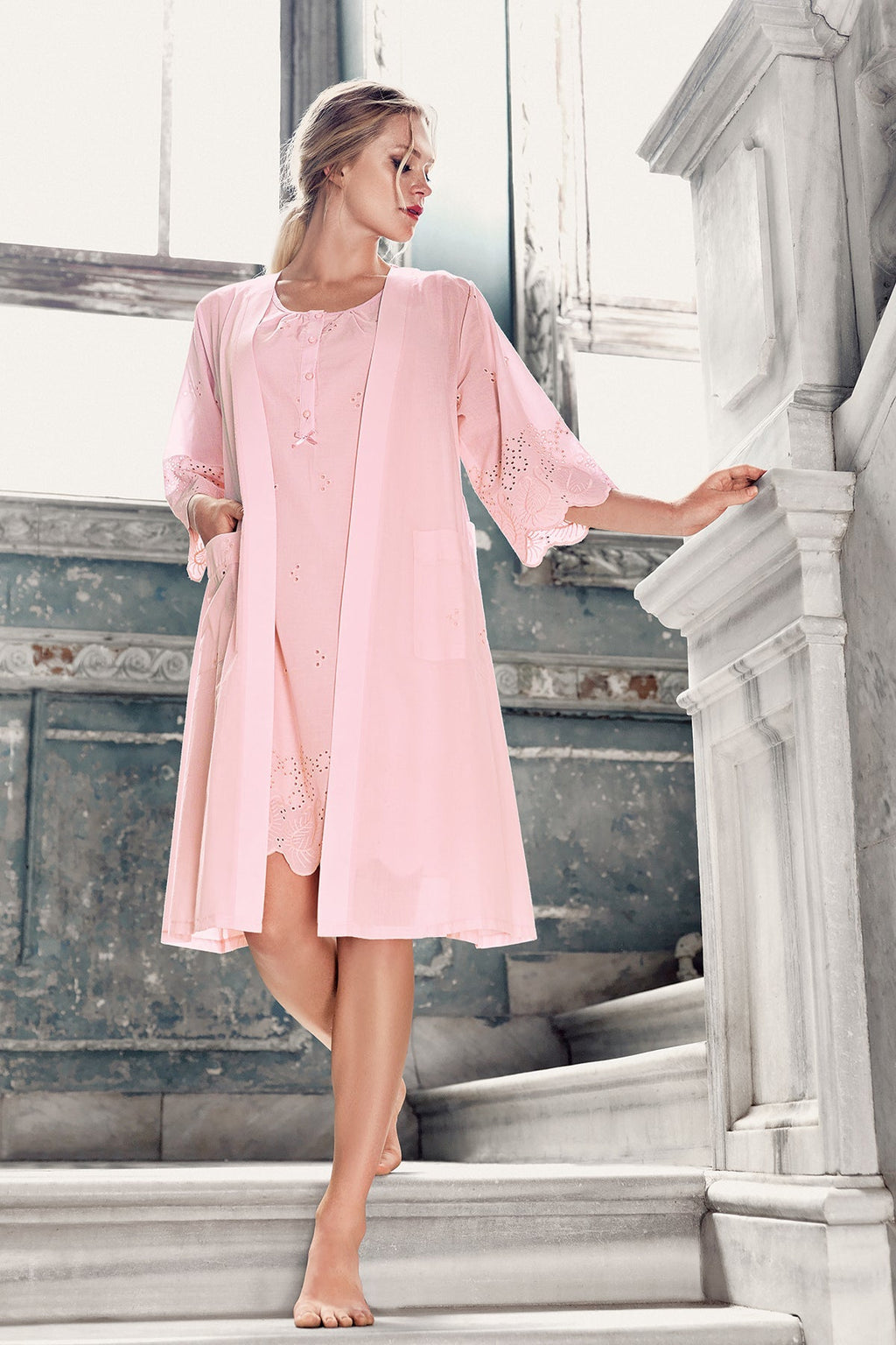 Cotton Weaving Maternity Feeding-Friendly Nightgown & Robe Set Powder - S10402