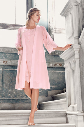 Cotton Weaving Maternity-Nursing Nightgown & Robe Set Powder - 10402