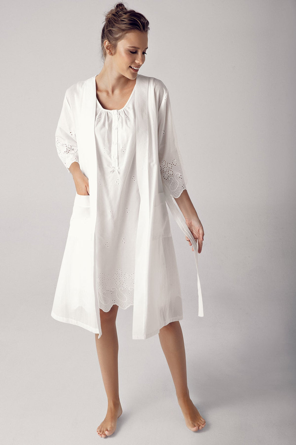 Cotton Weaving Maternity Feeding-Friendly Nightgown & Robe Set Ecru - S10402