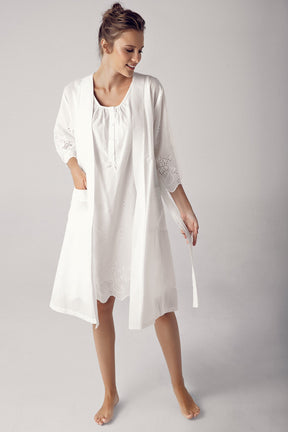 Cotton Weaving Maternity-Nursing Nightgown & Robe Set Ecru - 10402