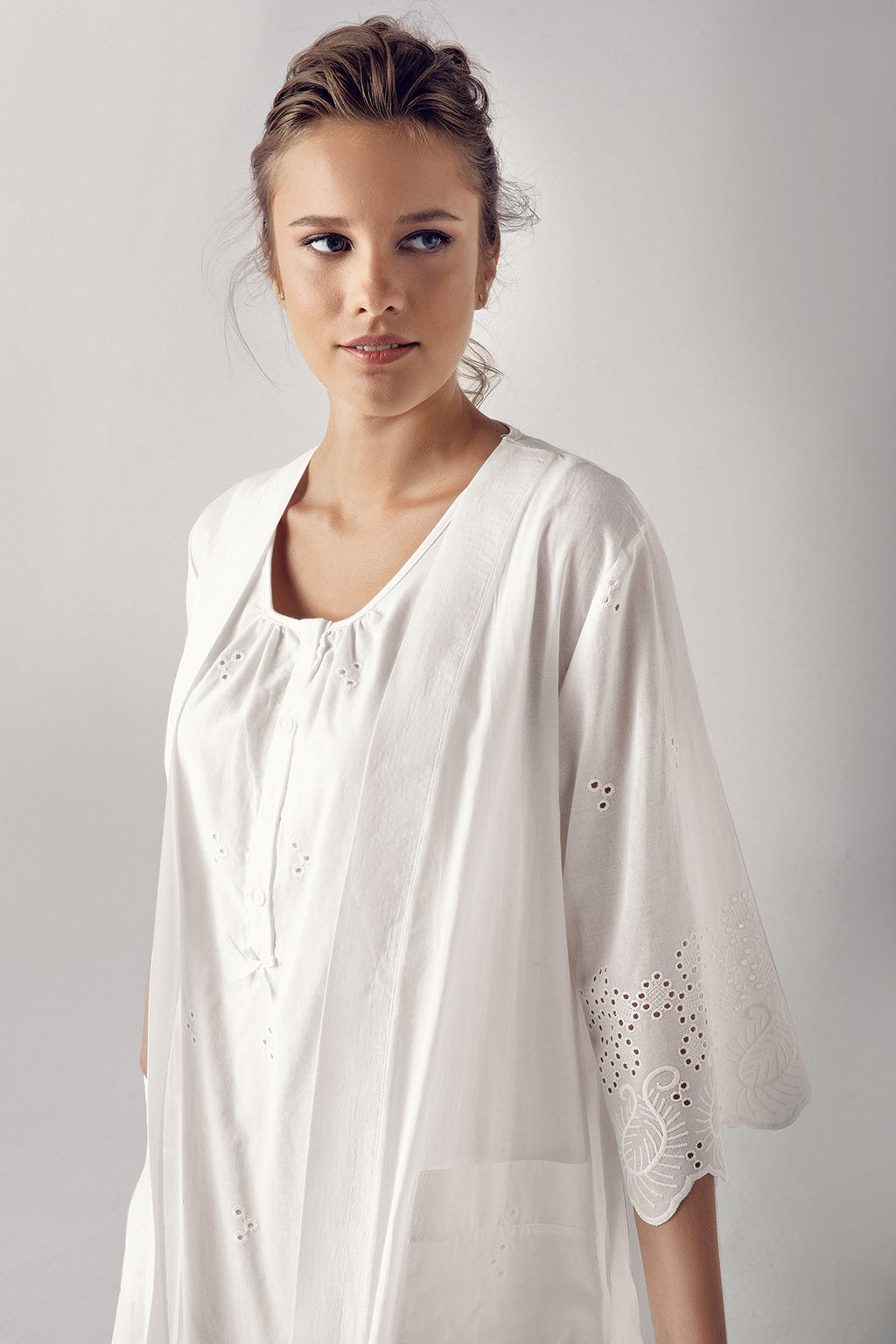 Cotton Weaving Maternity Feeding-Friendly Nightgown & Robe Set Ecru - S10402
