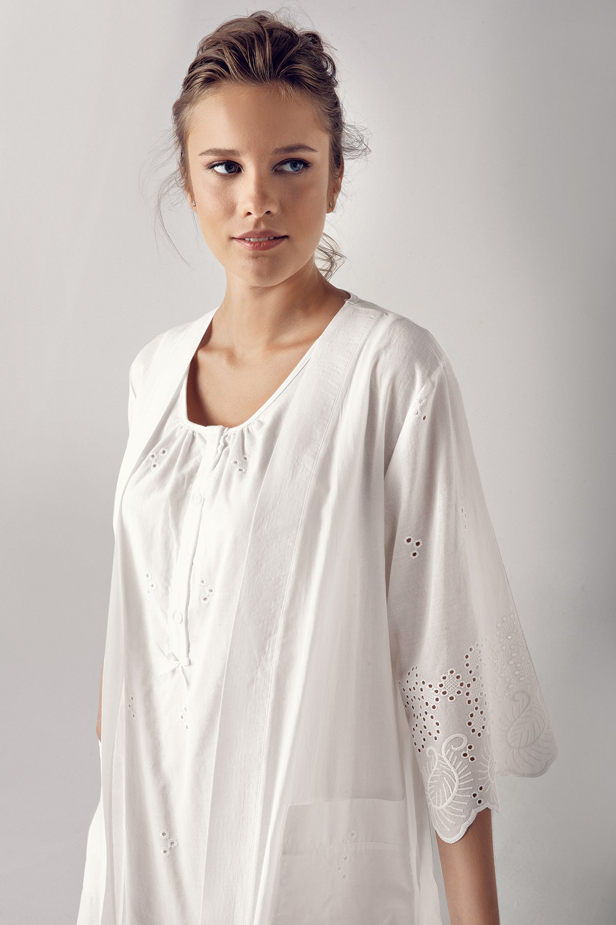 Cotton Weaving Maternity Feeding-Friendly Nightgown & Robe Set Ecru - S10402