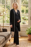 Striped Wrap 3-Piece Maternity Feeding-Friendly Pajama & Robe Set Black - L1040