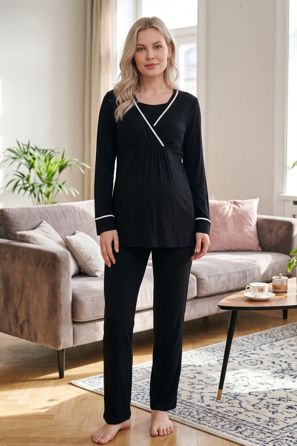 Striped Wrap 3-Piece Maternity Feeding-Friendly Pajama & Robe Set Black - L1040