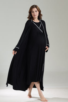 Striped Double Breasted Maternity-Nursing Nightgown & Robe Set Black - 1041