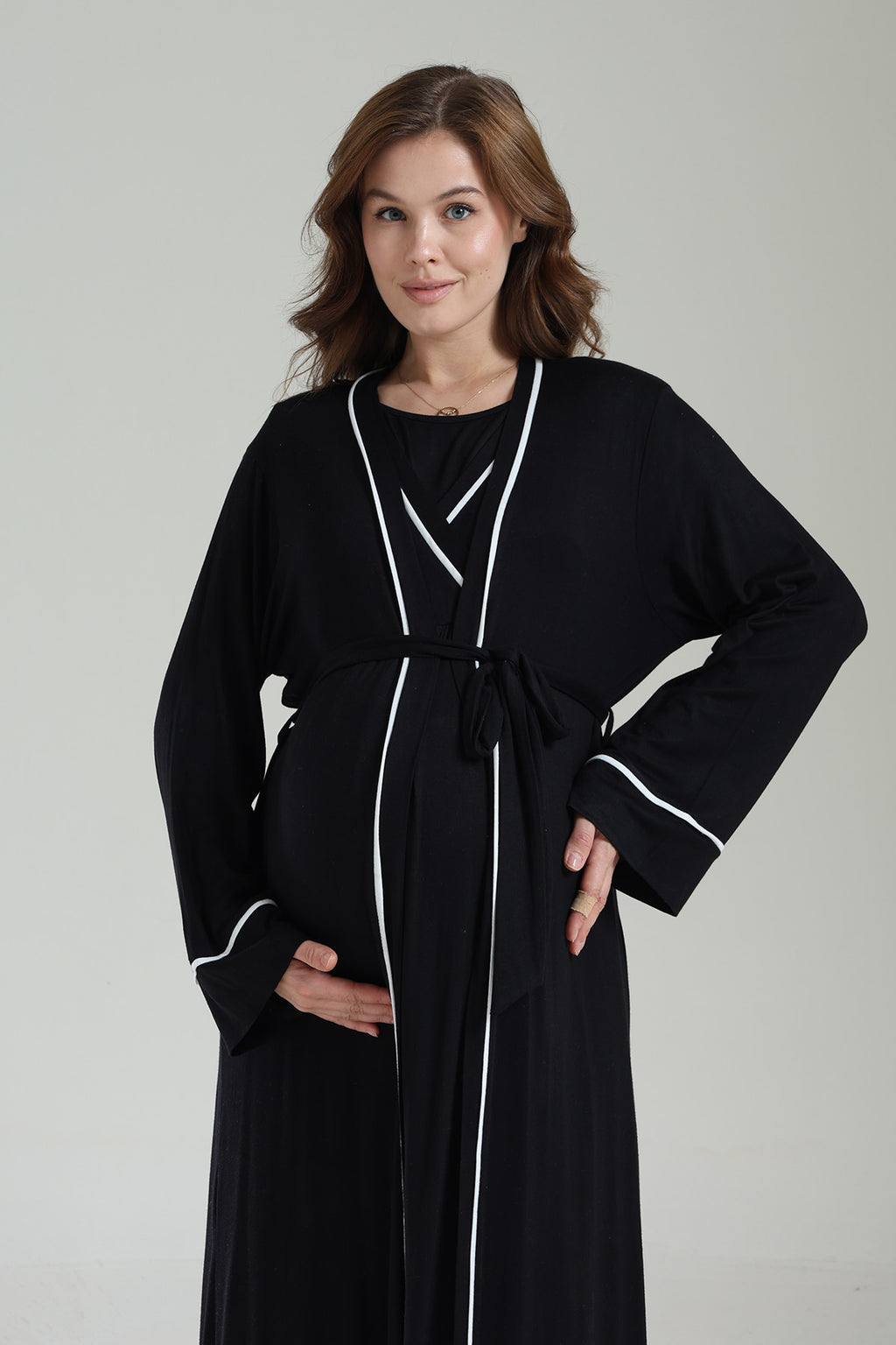 Striped Double Breasted Maternity-Nursing Nightgown & Robe Set Black - 1041
